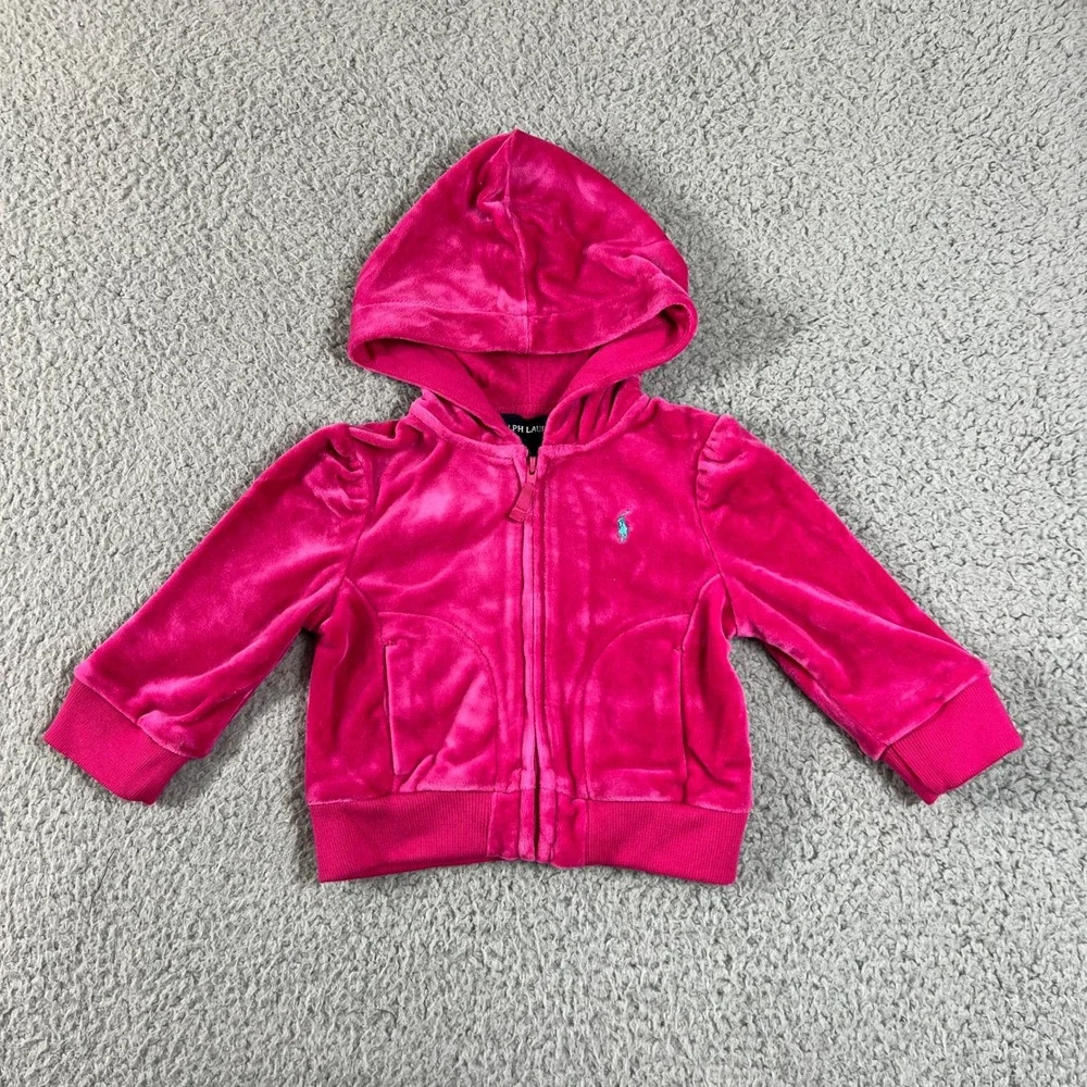 Ralph Lauren Tracksuit Girls 9M Pink Velour Zip Hoodie and Pants Set Vintage NWT